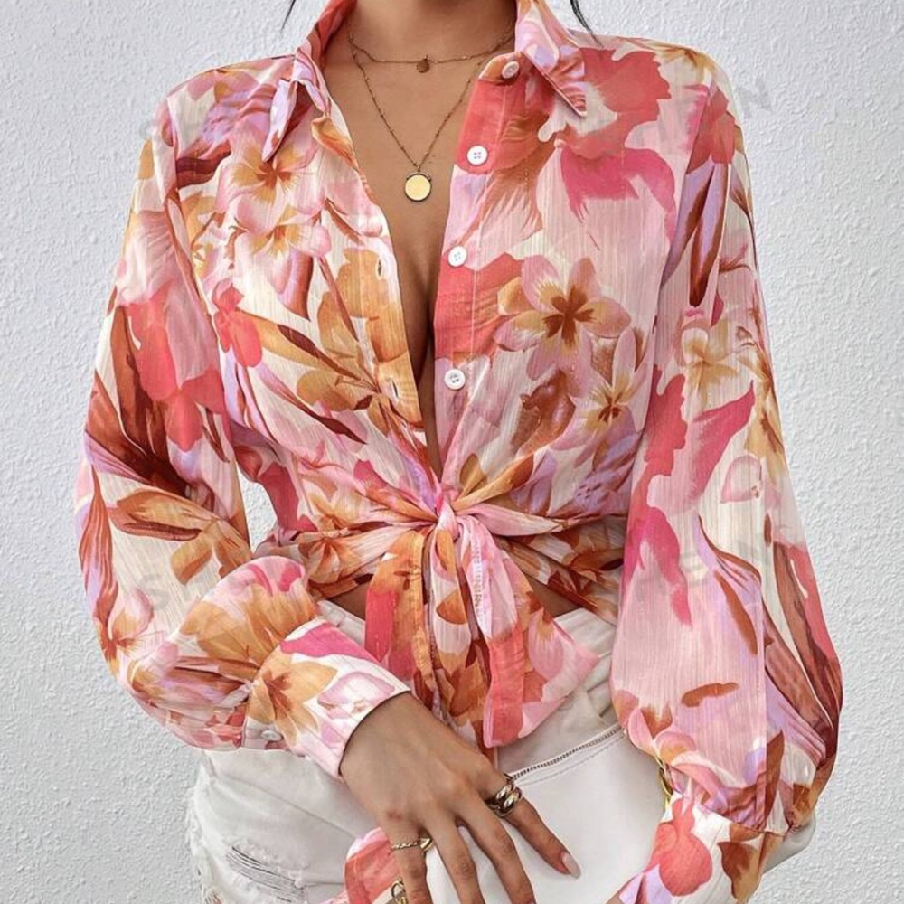 Floral Printed Lantern Sleeve Long Sleeve Shirt